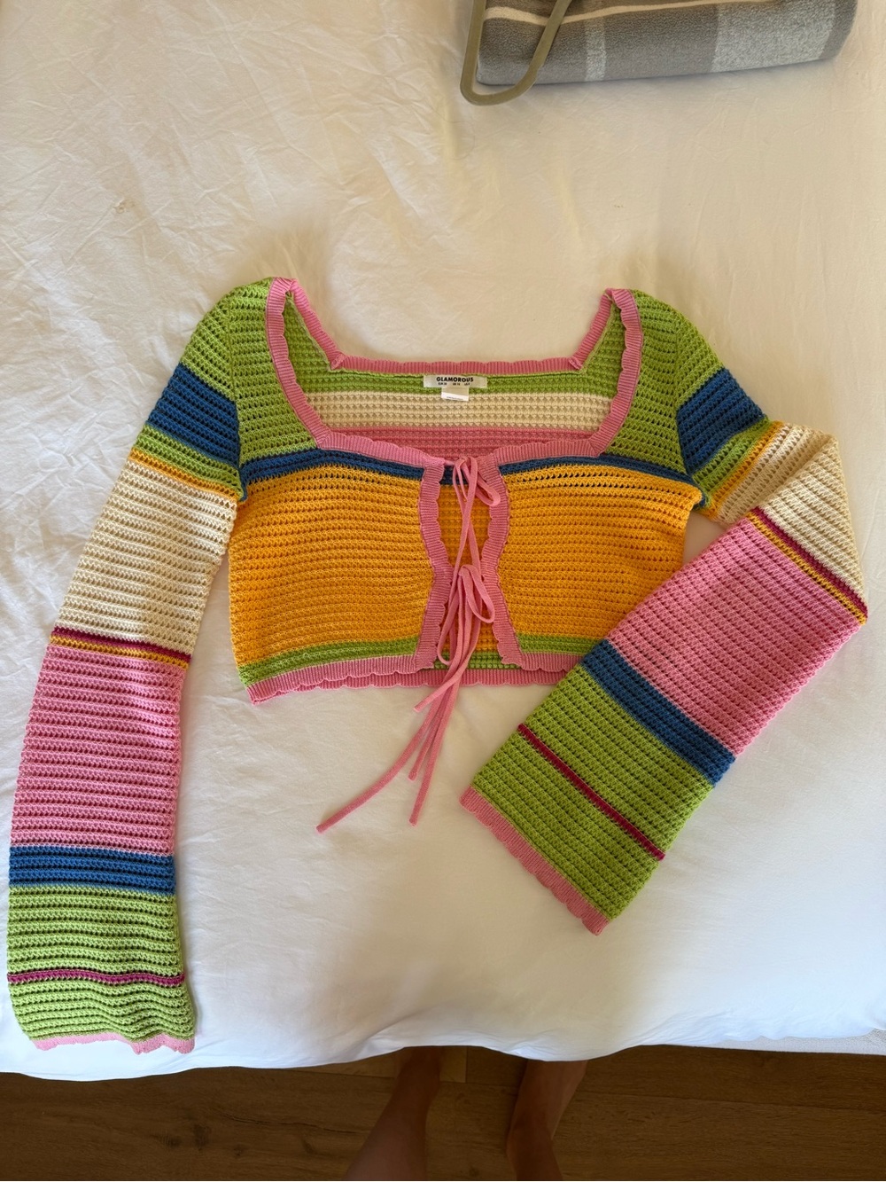 Glamorous Multicolor Crochet Tie-Front Crop Sweater
